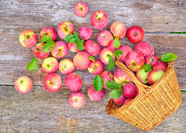 Apples in a basket on a wooden table