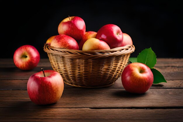 Apples in a basket on a wooden table