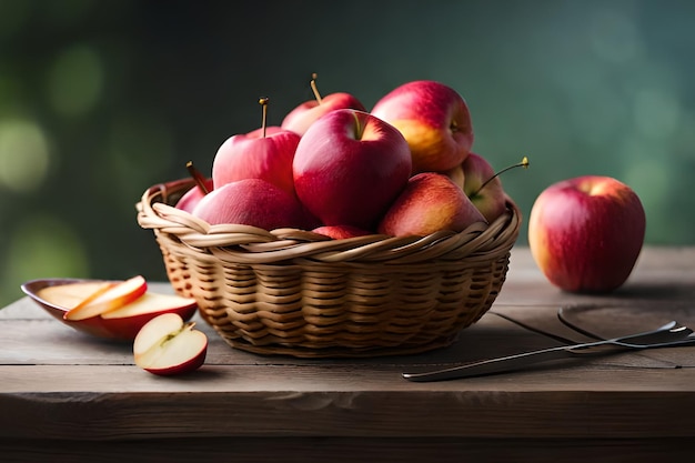 Apples in a basket on a wooden table