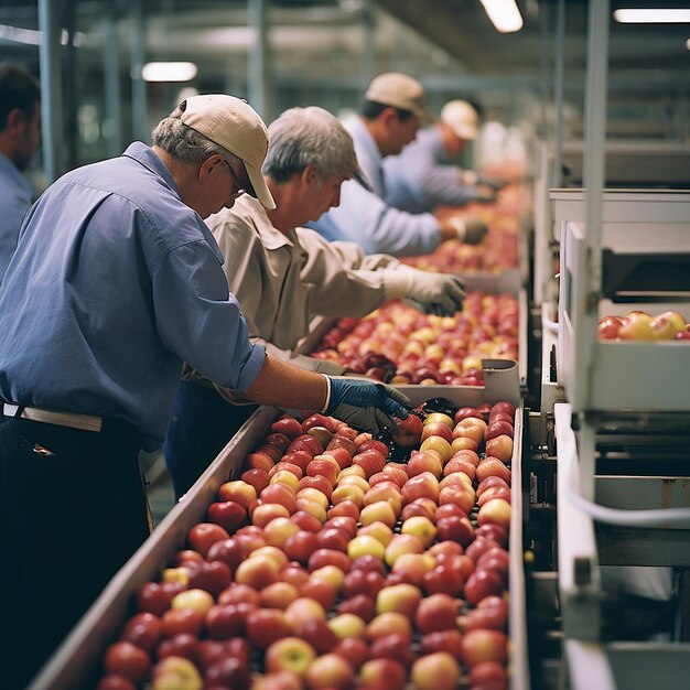 과일 가공 및 포장 공장 에서 사과 를 분류 하는 일