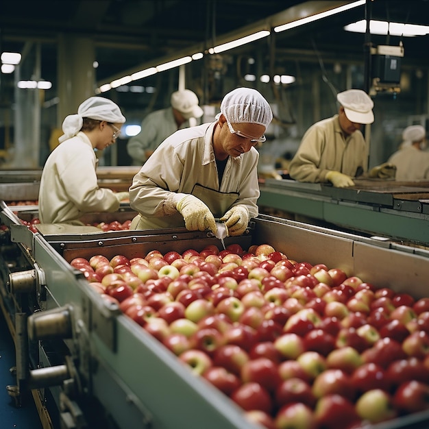 Foto classificazione delle mele nell'impianto di trasformazione e confezionamento della frutta