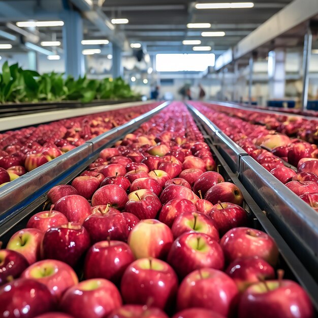 Apples being graded in fruit processing and packaging plant