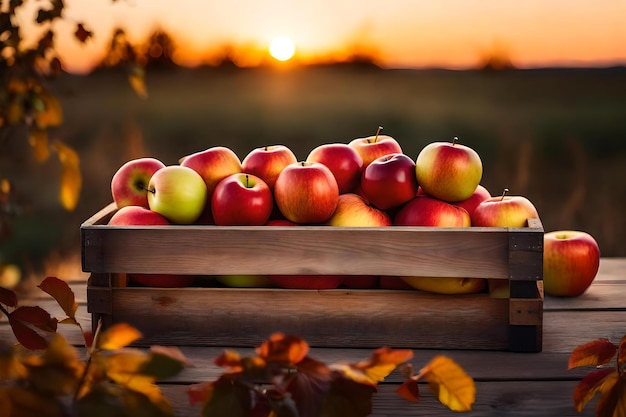 Apples in a box with the sun behind them