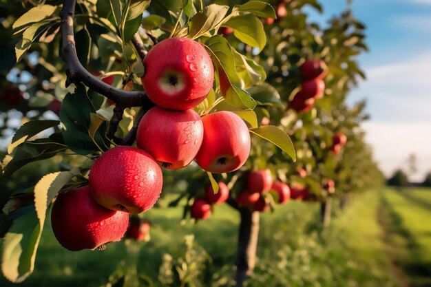 Apples on a branch close up