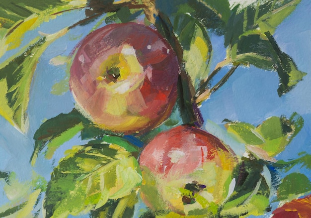 Apples branch gouache painting