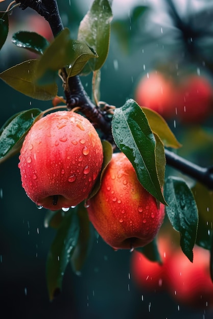 Apples on a branch with raindrops on the leaves