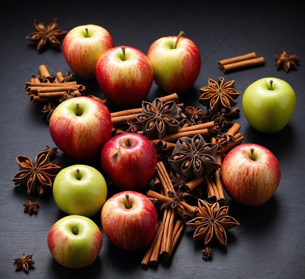 Apples cinnamon sticks and star anise on a black background