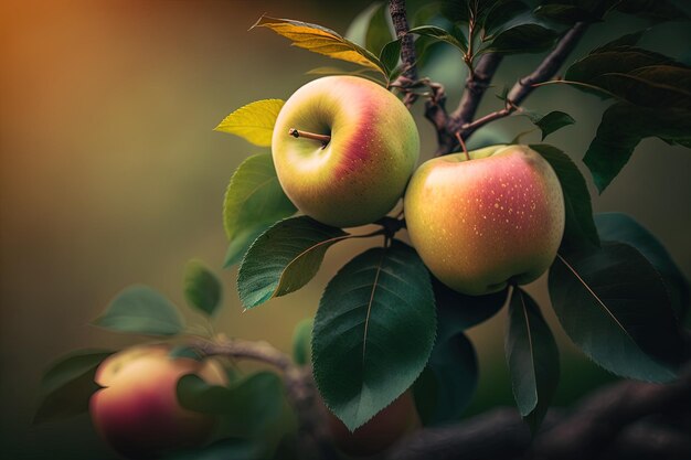 Apples in closeup growing in the center of a garden and looking appetizing