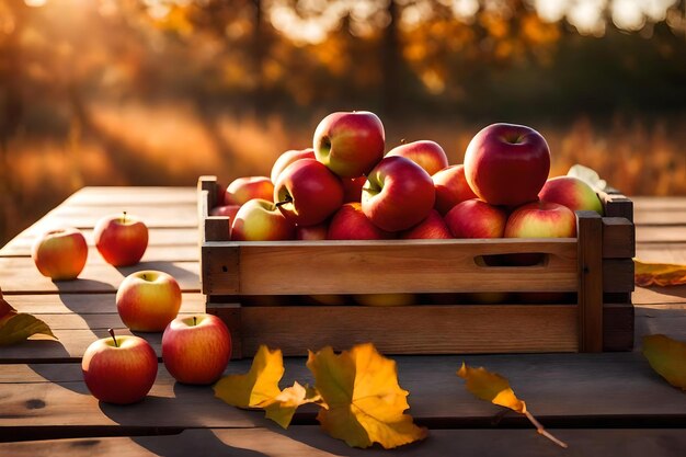 Apples in a crate with autumn leaves on the background