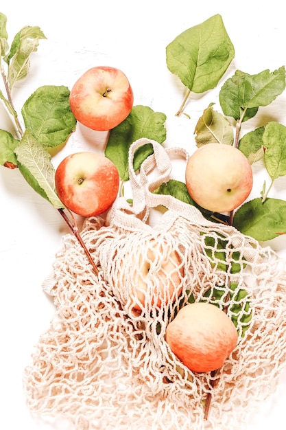 Apples in an ecofriendly grid Autumn composition natural farm product