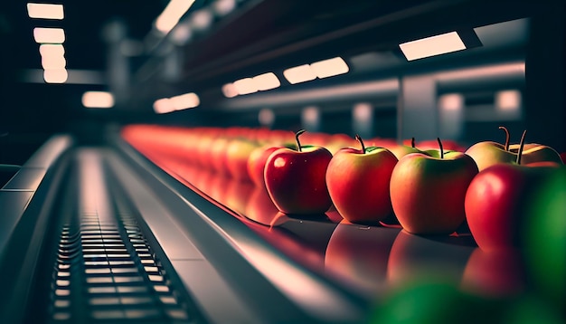 Apples in a food processing facility clean and fresh ready for automated packing Concept for a healthy food company with automated manufacturing of food and fruits Generative AI