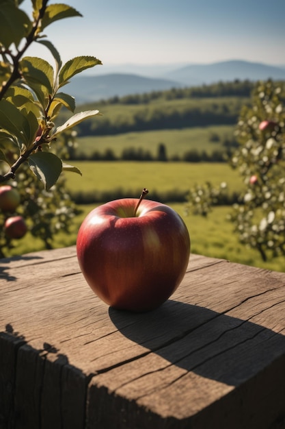 Photo apples fruit on empty wooden table with sunrise hills and mountains