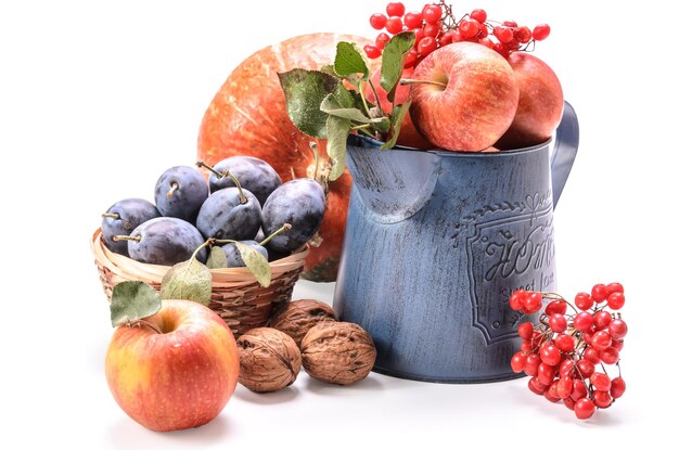 apples in a garden jug and other fruits on a white background with soft shadow