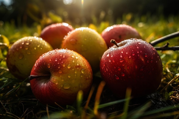 Photo apples on the grass with dew on them