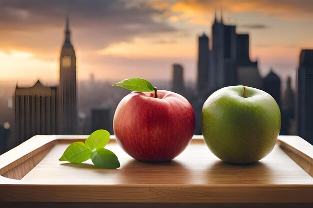 apples and a green apple on a table with a city in the background.