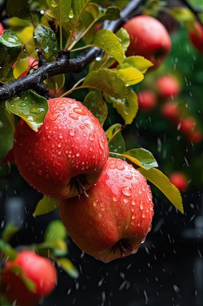 Apples hanging on a tree with rain drops on them