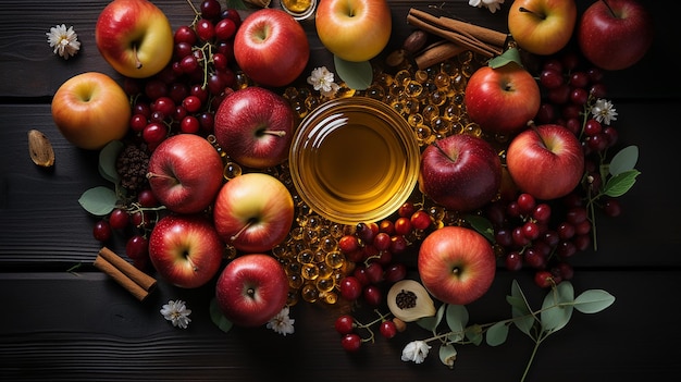 Apples and Honey Arranged in Heart Shape