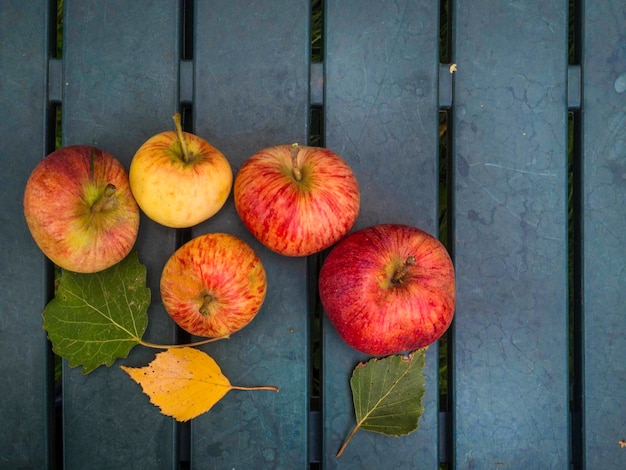 사과와 정원 테이블 배경에 나뭇잎 가을 배경