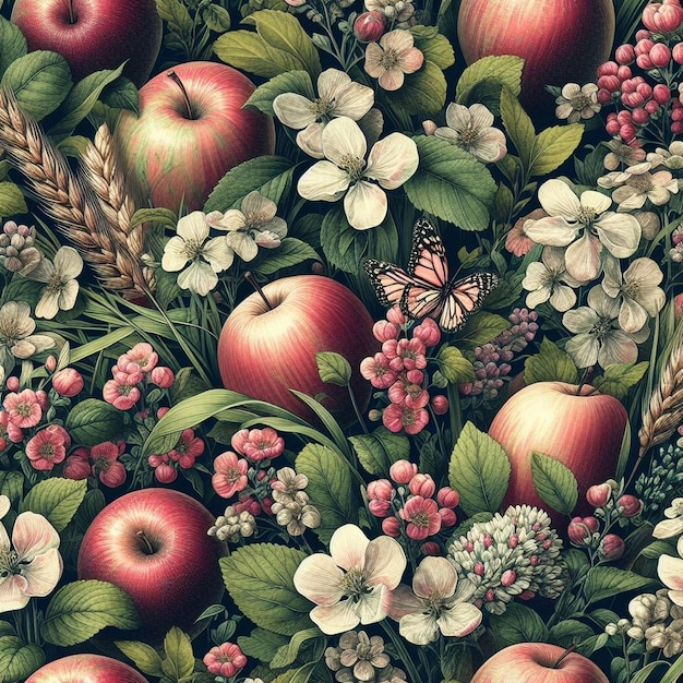 Photo apples and meadow herbs seamless pattern fabric seamless pattern design