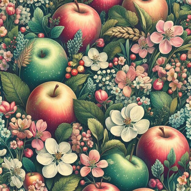 リンゴと草原のハーブ 縫合なしのパターン 織物 縫合ないパターンデザイン