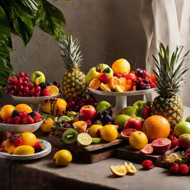 Apples oranges pineapples guavas grapes mangoes juices and other fruits look fresh and healthy