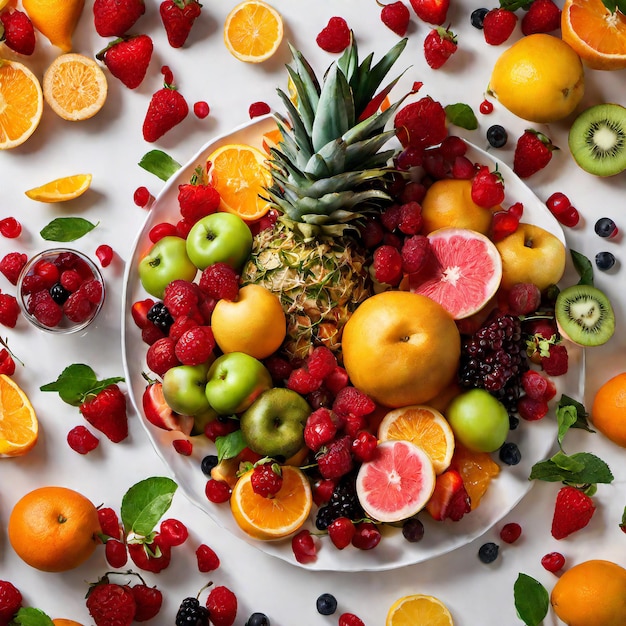 リンゴ、オレンジ、パイナップル、グアバ、ブドウ、マンゴー、ジュース、その他の果物は新鮮で健康的に見えます