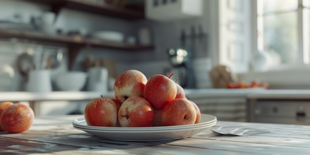 apples in a plate on the kitchen table Generative AI