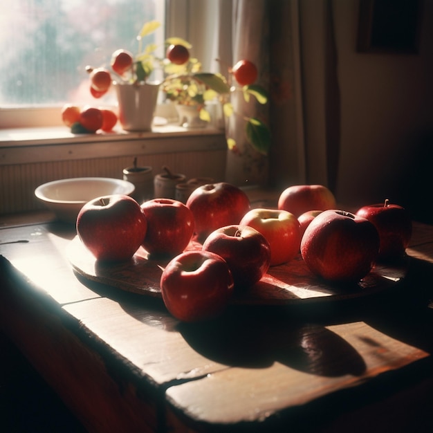 Яблоки на тарелке на столе перед окном генеративный искусственный интеллект
