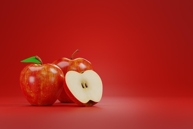 Photo apples on a podium on red background 3d illustration