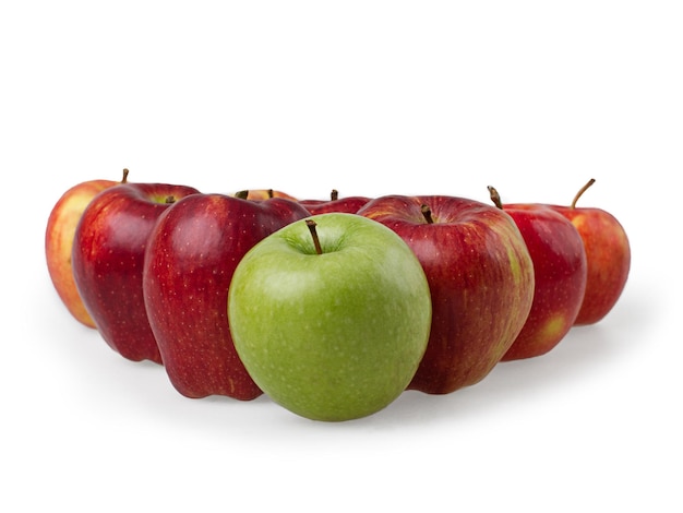 Apples in the shape of a triangle with a green apple at the front