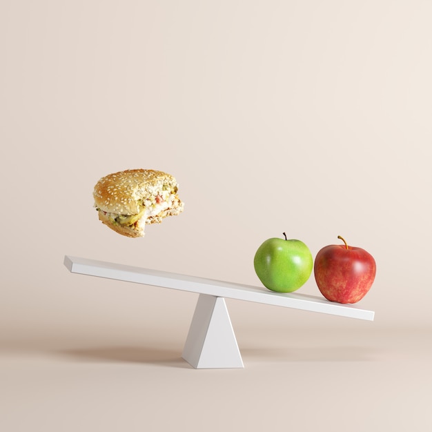 An Apples tipping seesaw with floating bergers on opposite end on pastel background.