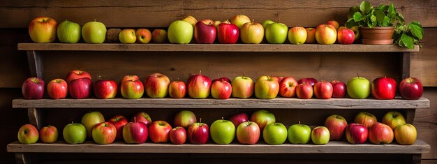 Photo apples of various types and colors neatly arranged on aged oak shelves