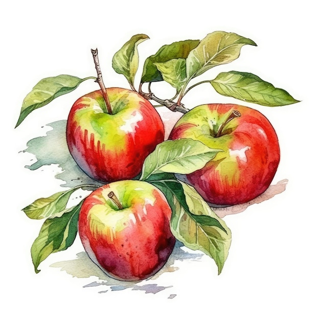 Apples in watercolor style with ink outline on white background generative AI