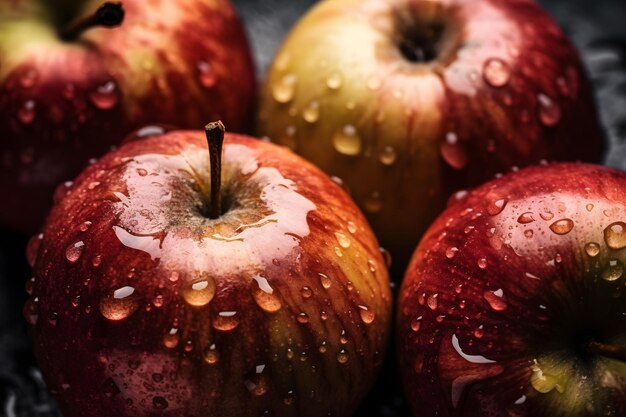 Apples with water droplets on them on a black surface
