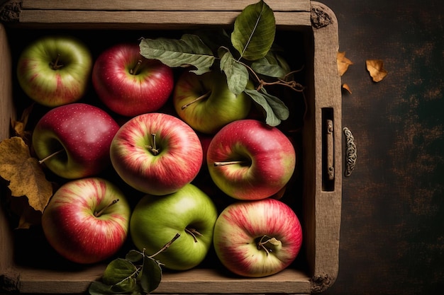 Apples in a wooden box ripe and red View from above with room for your text