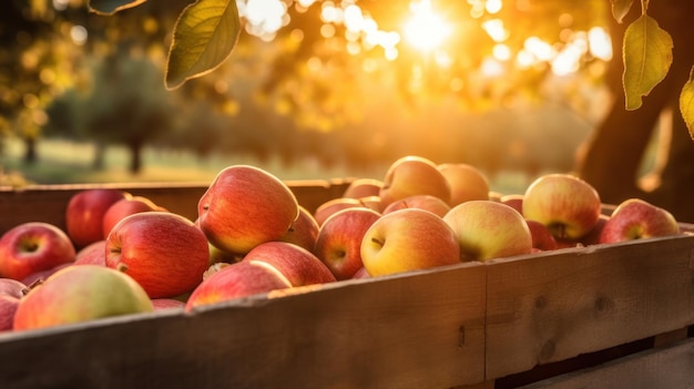 Apples in a wooden crate on the ground ai