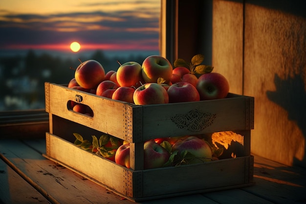 日没時のテーブルの上の木箱のりんご