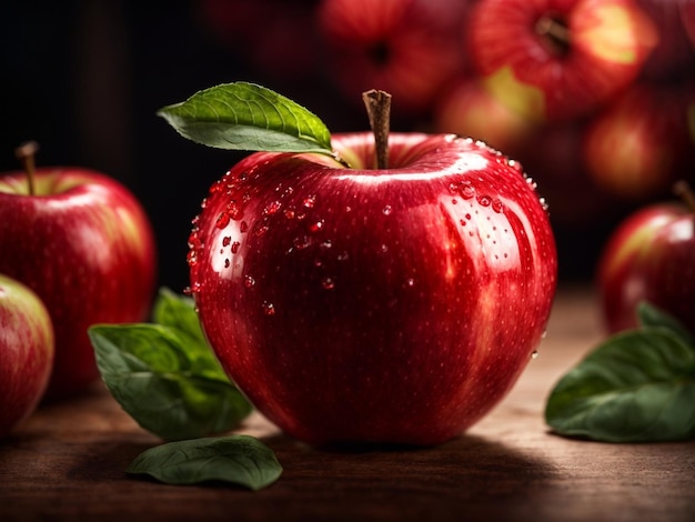 apples on a wooden table with a black background