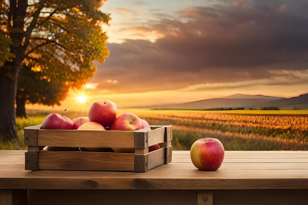 Apples on a wooden table with a sunset in the background