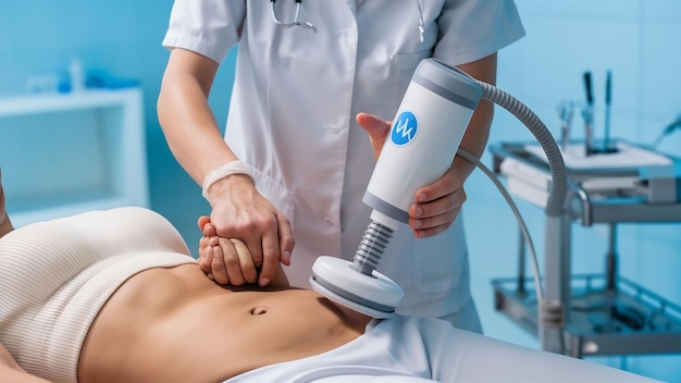 크리오리폴리시스 (cryolipolysis) 치료는 환자의 복부에 단독으로 적용됩니다.