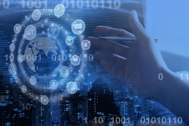 application development digital software technology iot internet of things coding computer program with augmented reality mobile app design internet icons binary code