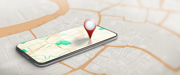 Application of gps navigation map on smartphone with red blue\
and yellow pinpoint 3d render