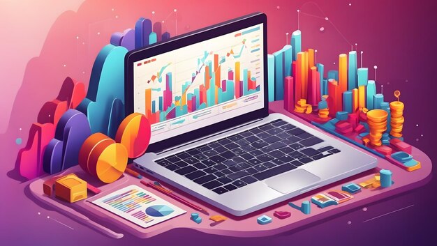 Application of laptop with business graph and analytics data on isometric laptop