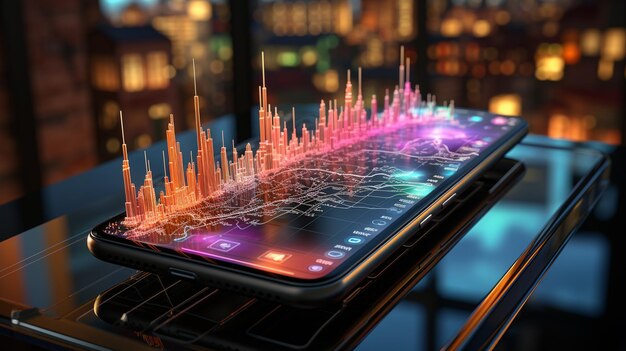 Foto applicazione di smartphone con grafici aziendali e dati analitici generative ai