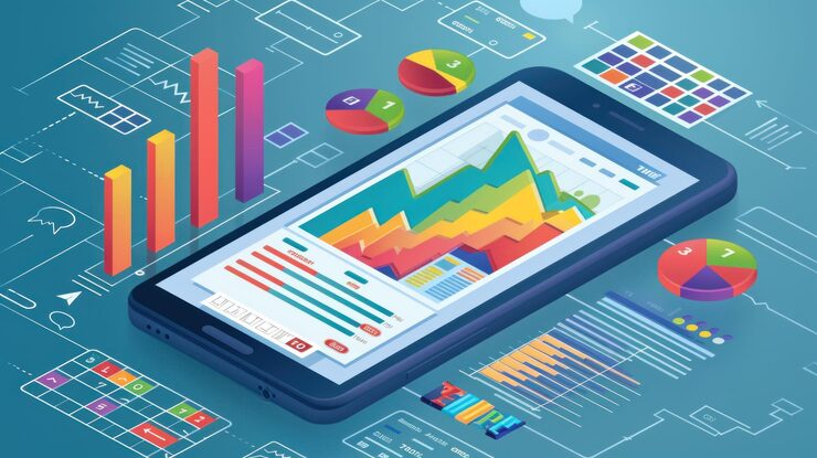 Photo 智能手机的应用与商业图表和分析数据在同度手机分析趋势和软件开发编码过程概念编程测试跨平台代码