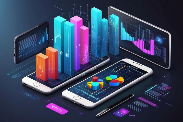 application of smartphone with business graph and analytics data on isometric mobile phone