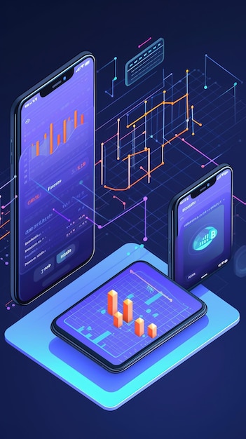 Application of Smartphone with business graph and analytics data on isometric mobile phone