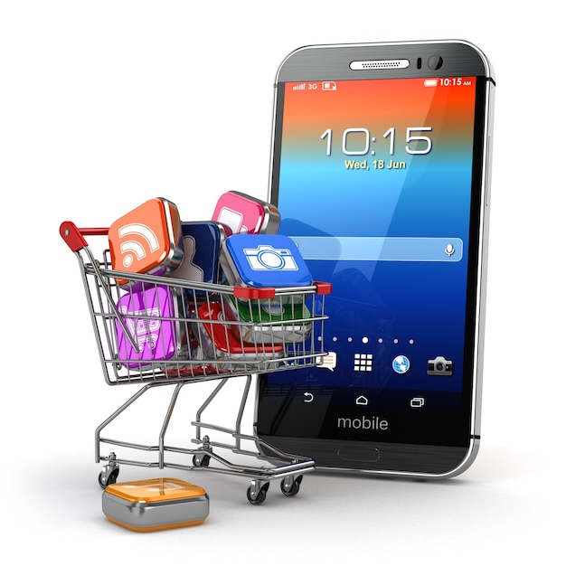 Application software icons in shopping cart and smartphone