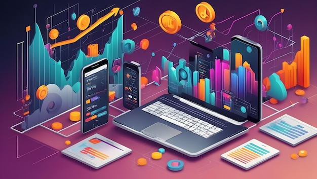 Application UX of PC and phone with business graph and analytics data on isometric Financial market