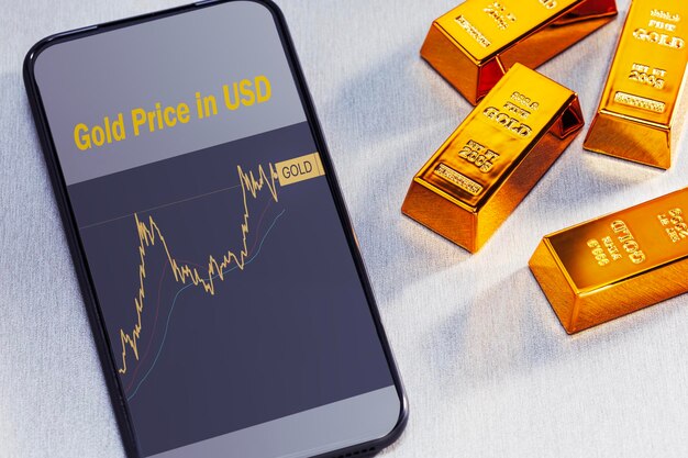 Photo application with gold price information on screen of smartphone and gold bars